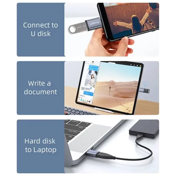 ⁦מתאם Type-C זכר ל-USB נקבה מבית ESSAGER – תומך OTG, טעינה והעברת נתונים⁩ – תמונה ⁦4⁩