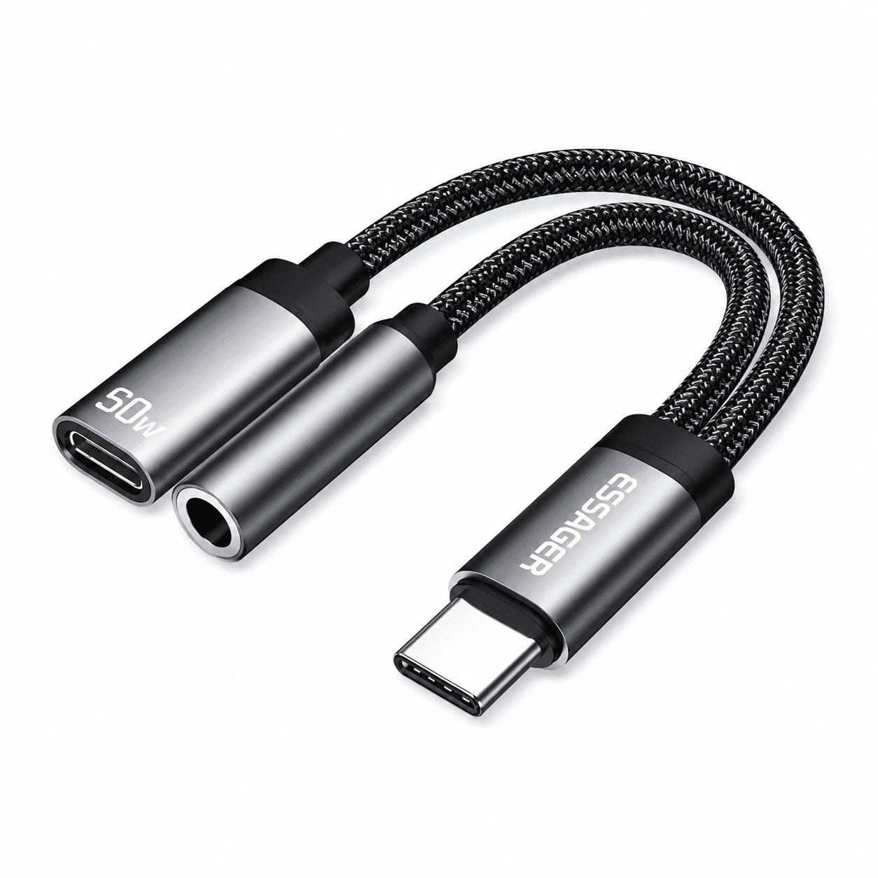 מפצל Essager Type-C לאודיו USB-C וטעינה PD 60W - אפור