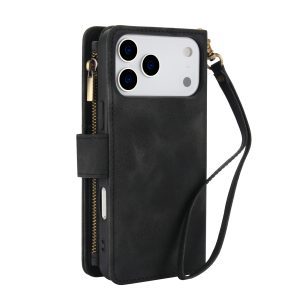 כיסוי ארנק לאייפון 17 פרו בצבע שחור (Black) עם מקום לכרטיסים, כסף ושטרות – Wallet Phone Case