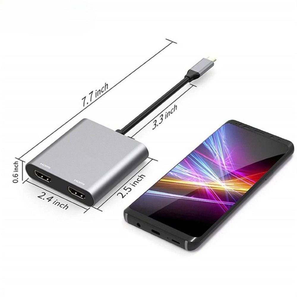 מתאם USB-C 4in1 כפול HDMI 4K 30Hz עם USB 3.0 ו-PD עד 87W אפור – תמונה 2