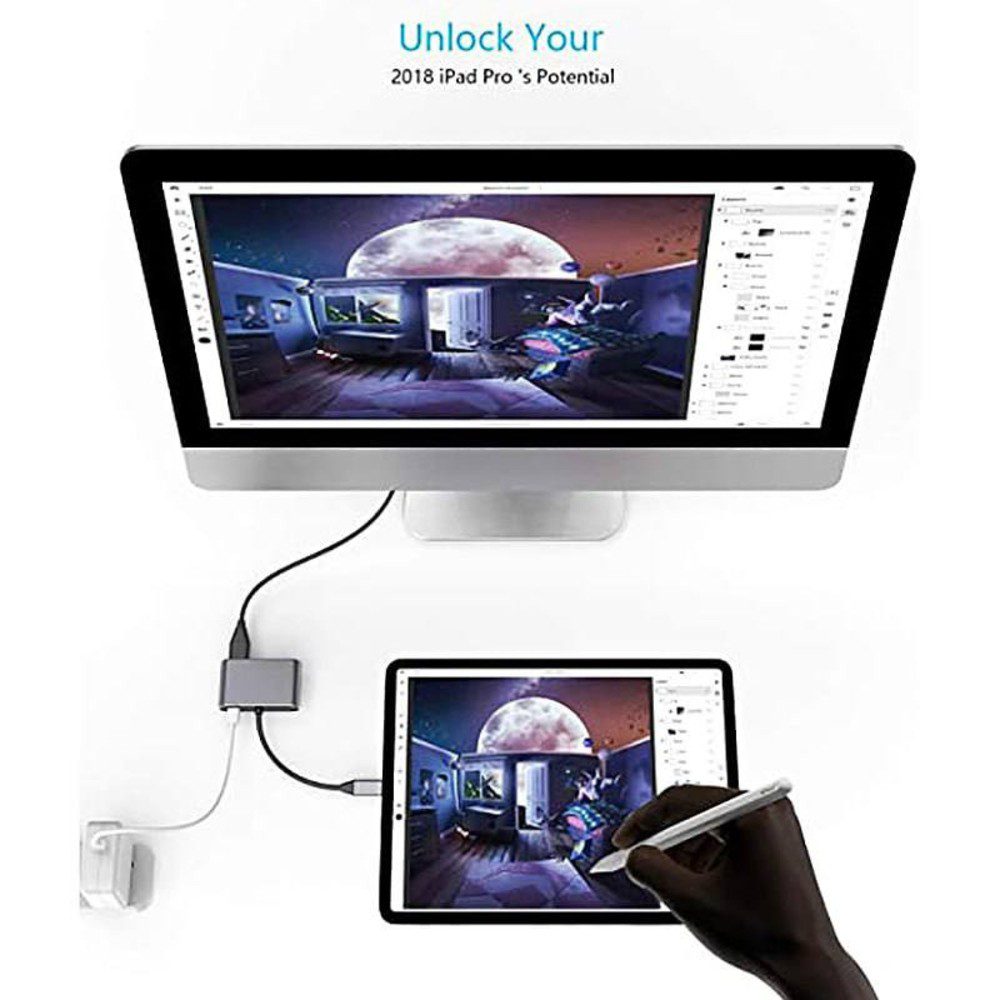 מתאם USB-C 4in1 כפול HDMI 4K 30Hz עם USB 3.0 ו-PD עד 87W אפור – תמונה 3