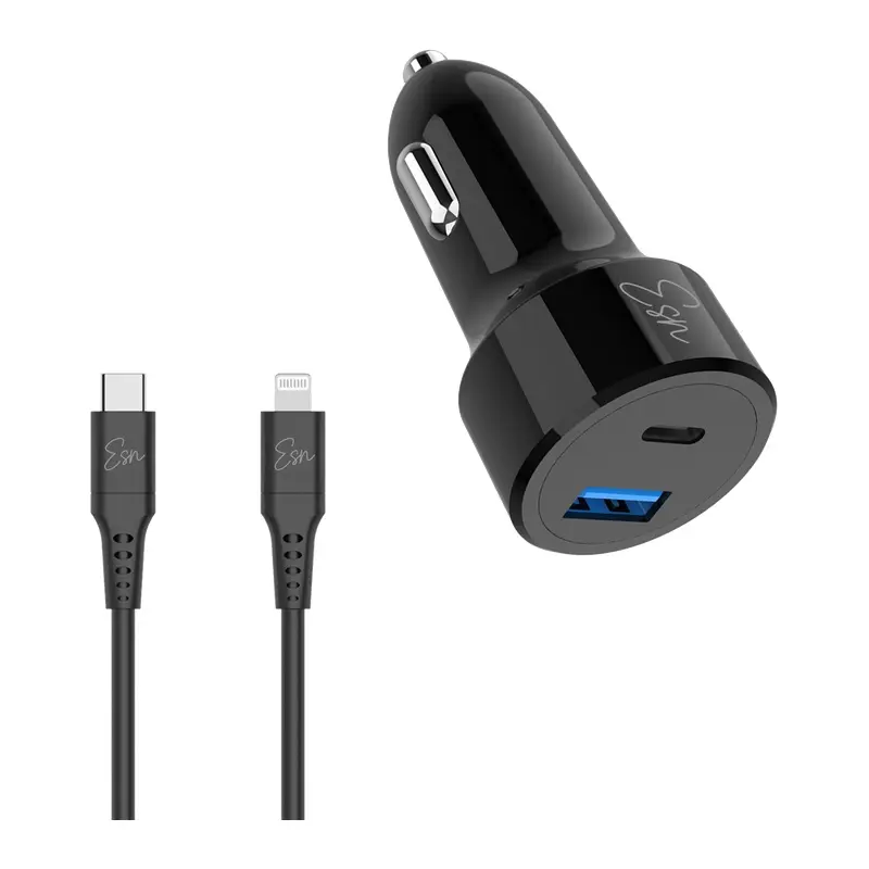 מטען רכב Essentials 43W USB-C ו-USB-A + כבל Lightning - שחור