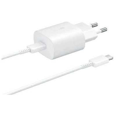 מטען קיר Samsung הכולל חיבור USB-C הספק עד כ- 25W כולל כבל באורך 1.8 מטר USB-C ל USB-C - צבע לבן