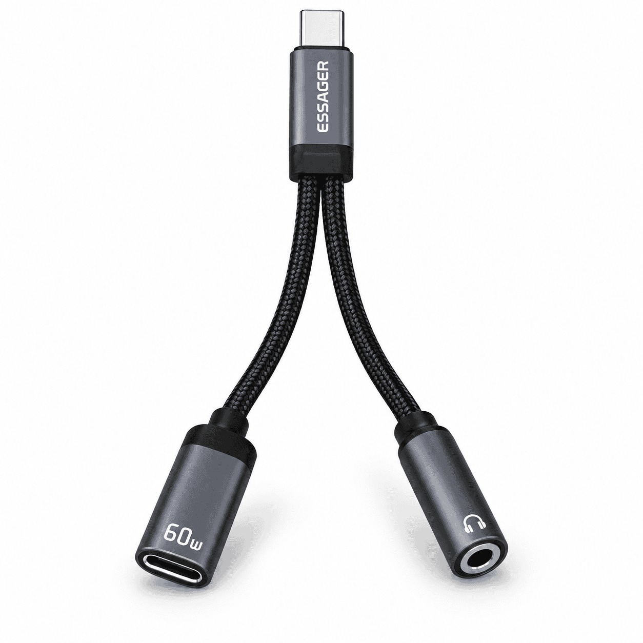 מתאם Essager 2 ב-1 USB-C לאוזניות 3.5 מ"מ עם טעינה מהירה 60W בצבע שחור